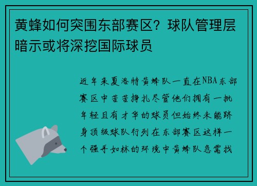 黄蜂如何突围东部赛区？球队管理层暗示或将深挖国际球员