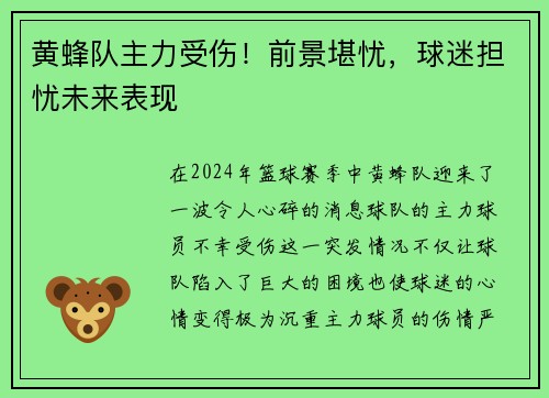 黄蜂队主力受伤！前景堪忧，球迷担忧未来表现