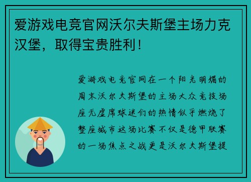 爱游戏电竞官网沃尔夫斯堡主场力克汉堡，取得宝贵胜利！