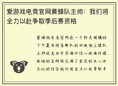爱游戏电竞官网黄蜂队主帅：我们将全力以赴争取季后赛资格